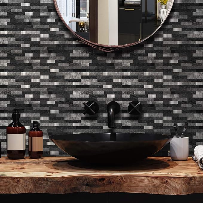 Alwayspon 25 Pcs Self-Adhesive Tile Transfer, Peel and Stick Tile Decal, Water-Proof Backsplash Wall Tile Sticker for Kitchen Bathroom Decor, Black Brick Metal Marble, 8x8inch by Alwayspon