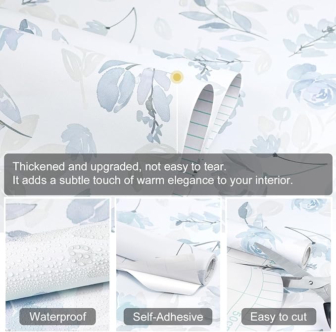 Soft Blue Watercolor Floral Peel and Stick Wallpaper, 17.3" x 472" Removable & Waterproof Vinyl Wallpaper, Soft Pastel Flower Self-Adhesive Contact Paper for Nursery Bedroom Cabinets - Image 3