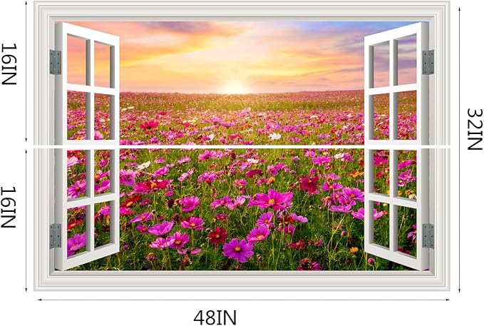 Fake Window Wall Sticker- Sunrise Pink Flower Garden Open Wall Art Decal | Faux Window Natural Scenery Landscape Mural｜ Stick and Peel Wall Decals｜for Room Bedroom Office Decor｜48"x32",Set of 2 Sheets - Image 4