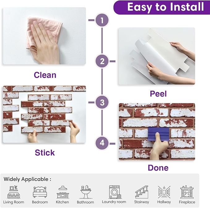 3D Peel and Stick Faux Brick Wall Panels 15.7" x 11.8" 10-Pack | Whitewash Red, Brick-Look Textured Sticker, Thin Lightweight PVC Self Adhesive Wall Tile for Interior Decor, Cover 12.9 sq ft - Image 8