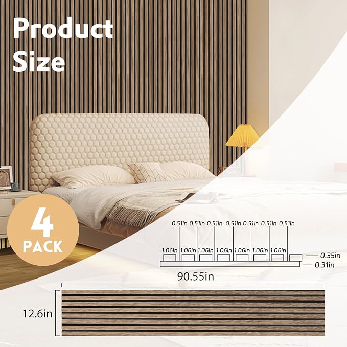 RITOLLO 4 Pack Wood Panels for Wall, 90.55"×12.6" Wood Slat Acoustic Panels for Wall, Soundproof Panels, 3D Fluted Panels for Interior Wall Decor (Natural Walnut) - Image 2