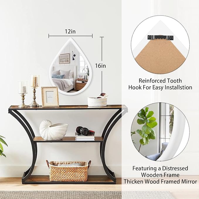 Small Wall Mirror Wood Framed Decorative Mirror White Teardrop Hanging Mirrors Unique Vanity Mirror for Bedroom Bathroom Living Room - Image 5
