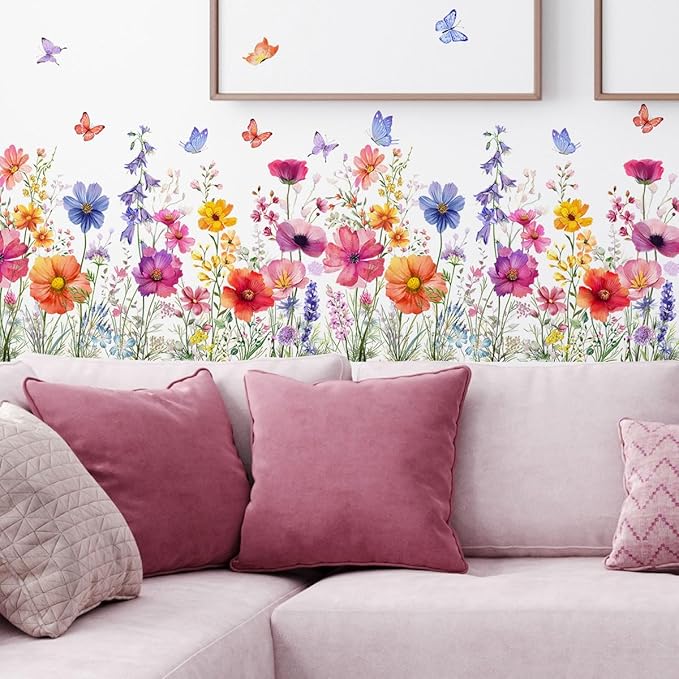 2 Pieces Flowers Wall Decals Vinyl Flowers Wall Stickers Removable Floral Murals Peel and Stick Colorful Flower Decor for Girls Bedroom Living Room Nursery (Bright) by Incholl