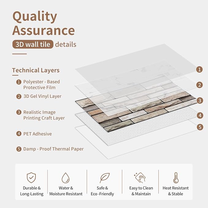 Brick Peel and Stick Kitchen Backsplash Tiles | 10 Sheet 3D Wall Panels Back Splash Waterproof Self Adhesive Wall Stickers for Bathroom Fireplace RV Camper Van（6"x12"） - Image 2