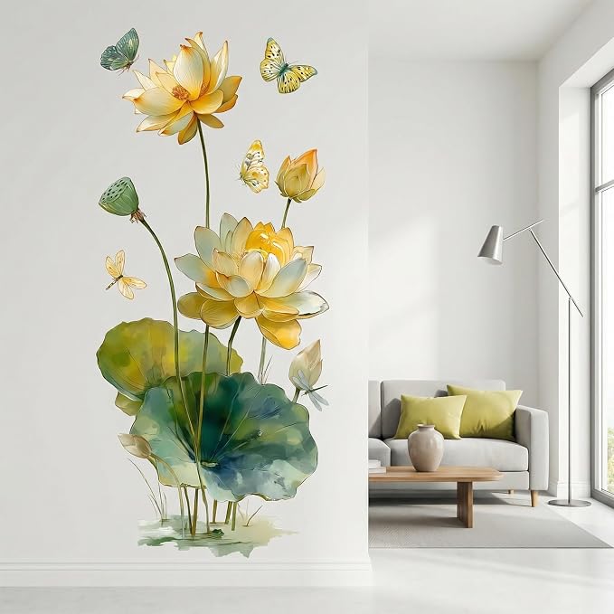 Watercolor Floral Flower Lotus Butterfly Peel and Stick Wall Decals Decor | Yellow water lily green leaves removable vinyl sticker mural, elegant oriental zen art for living room bedroom yoga bathroom by VePret