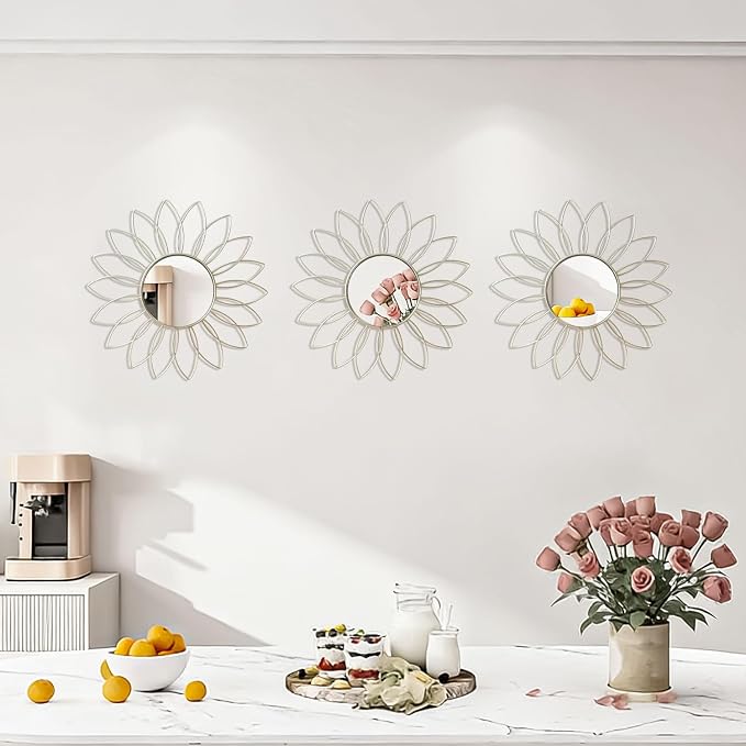 3 Pack Metal Mirrors for Wall Sunburst Wall Mirrors Home Décor Decorative Hanging Wall Art for Living Room Bedroom Entryway (Silver2, Flowers) - Image 5