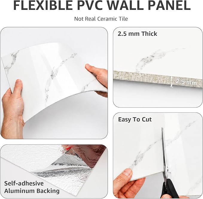 WADILE 10PC Peel and Stick Waterproof Wall Panels 11.8 x 11.8 White | Marble look, Self adhesive, PVC Panels, Lightweight Foam Wall Panels, Bathroom, Kitchen, Not Real Tile - Image 9