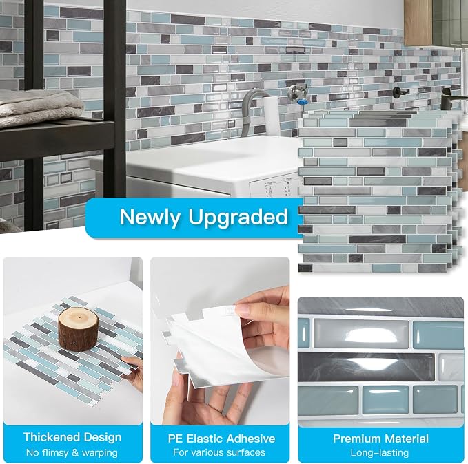 Art3d 10-Sheet Heavy-Duty Peel and Stick Backsplash, Waterproof Wall Tiles Stick on Kitchen Backsplash Living Space, Gray & Blue (Pack of 4) - Image 5