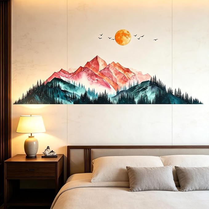 Mountain Sunset Bird Wall Decal Nature Living Room Entryway Decor Sticker | Peel and stick watercolor mountain landscape border trim, pine tree removable vinyl decor for living room bedroom entryway - Image 4