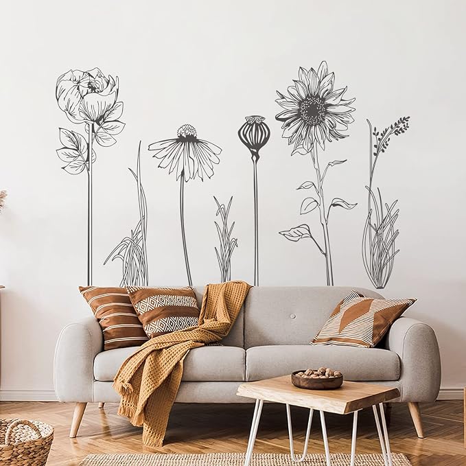 Black Simple Flower Plant Wall Decals, 2 Sheets Large Boho Floral Modern Wall Stickers Peel Stick Sketch Wildflower Wallpaper Art Decor for Bedroom Living Room Office Gifts for Mom(11.8x35.4 in/Sheet) - Image 5