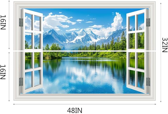 Fake Window Wall Mural Sticker Mountain Lake Forest Tree Faux Window Wall Cling Art Picture Poster Decals Decor, Stick and Peel Landscape Natural Scenery Scene（48"x32",Set of 2 Sheets） - Image 3