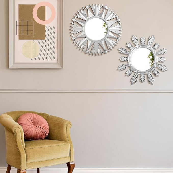 Dandat 4 Sets Round Wall Mirrors Boho Decorative Hanging Art, Silvery - Image 7