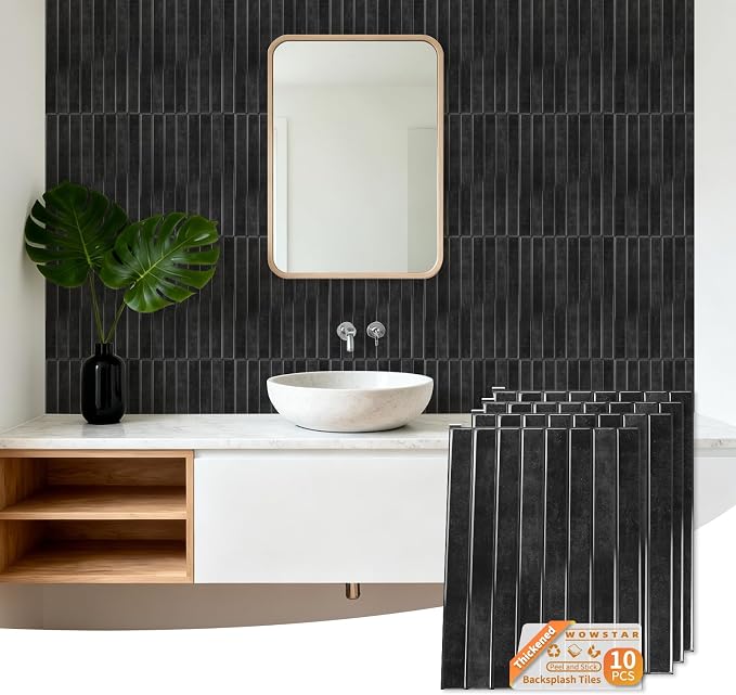 WOWSTAR 10-Sheet Thickened Black Peel and Stick Backsplash for Kitchen, Back Splashes Stick on Tile, Waterproof Wall Tiles by WOWSTAR
