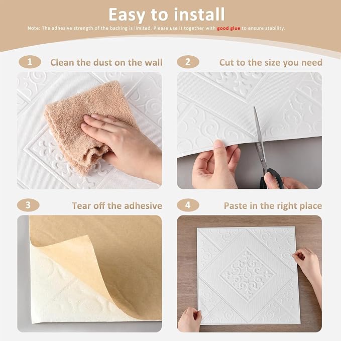 Nuanchu 20 Pcs 13.8 x 13.8 Inch Ceiling Tiles Peel and Stick, Elegant | Foam White 3D Wall Panels 26-105.5 Sq. ft Adhesive Glue up Waterproof Wallpaper for DIY Office Home - Image 3