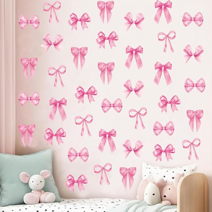 Arawat 8Sheets/48 Pcs Pink Coquette Bow Room Decor for Bathroom Women Bedroom Aesthetic Room Decor Bow wall Decoration for Bedroom Pink Bows wall Stickers Decals Peel and Stick - Image 3