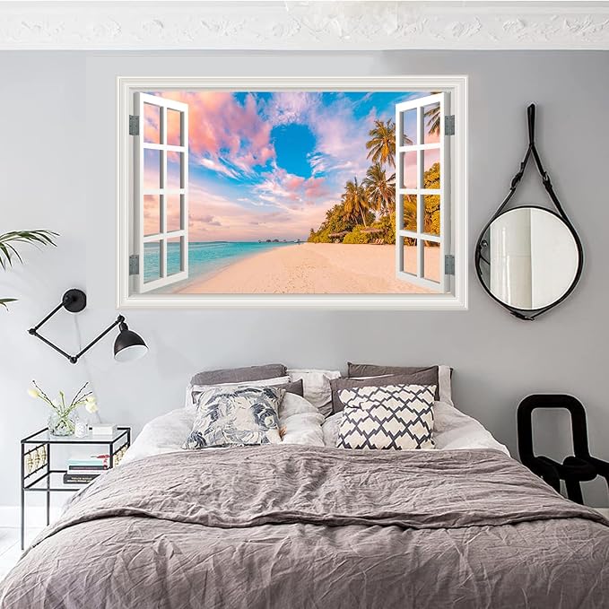Fake Window Wall Decal - Summer Beach Seascape Ocean Scene Art Sticker | ｜Faux Window Natural Scenery Landscape Mural ｜ Stick and Peel Wall Decals｜for Room Bedroom Office Scene Picture Decor｜24"x16" - Image 5