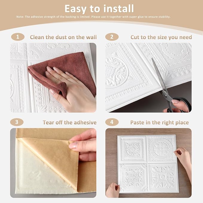 Nuanchu 40 Pcs 13.8 x 13.8 Inch Ceiling Tiles Peel and Stick, Various | Foam White 3D Wall Panels 26-105.5 Sq. ft Adhesive Glue up Waterproof Wallpaper for DIY Office Home - Image 3