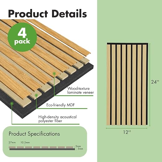 Art3d 4-Pack 12" x 24" Soundproof Wood Slat Panels, 8 sq.ft Acoustic Wall Panels, 3D Wall Panels with Wood Slat Design, Decorative Wood Wall Panel for Accent Walls-Oak - Image 3