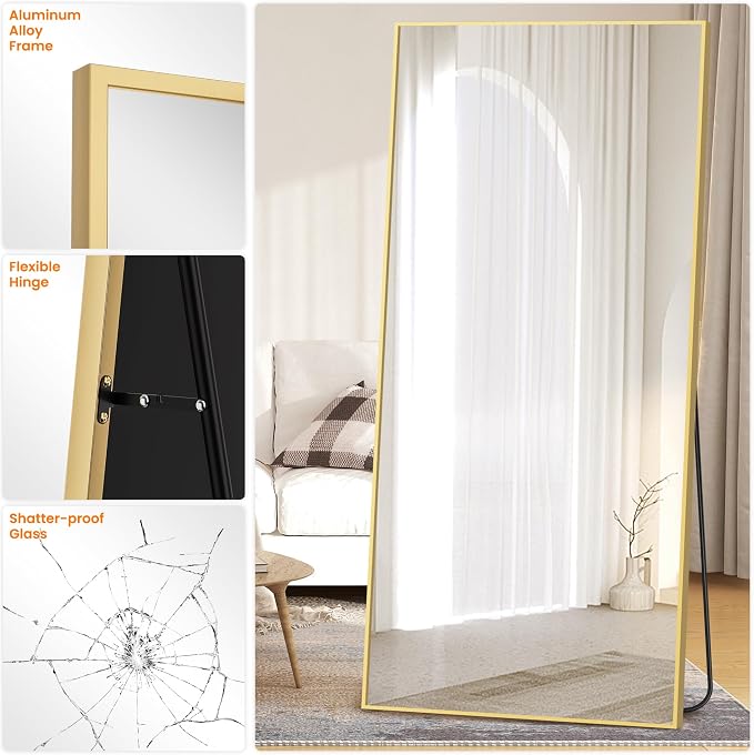 TRAHOME Full Length Floor Mirror 75"x35", Large Standing Body Mirror, Gold - Image 8