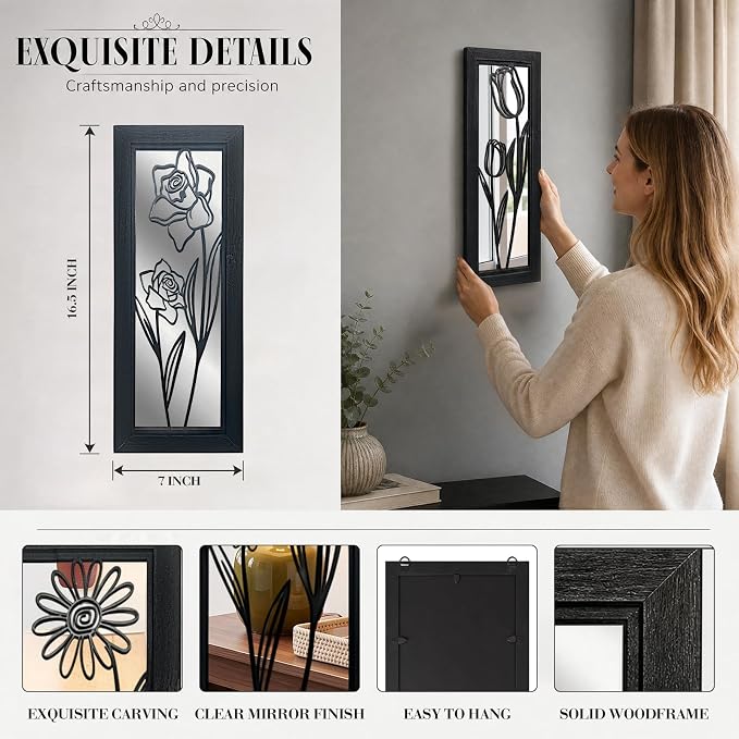 ZEXUIRU 4 Set Rustic Wall Mirrors for Bedroom Bathroom Living Room Entryway Wood Farmhouse Rectangular Easy to Hang Framed Decorative Accent Hanging Wall-Mounted Mirror Set for Living Room - Black - Image 4