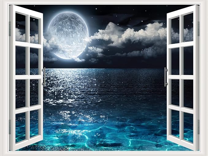 Self-Adhesive Wall Sticker Romantic Living Room Bedroom Study Office Decorative Wall Sticker Ocean Scenery Fake Window Sticker Mural (Moon Beach, 23.6"×35.4") by THNWSY