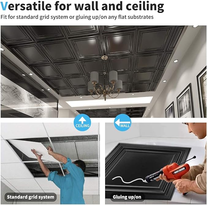 Art3d PVC Ceiling Tiles, 3D Plastic Sheet in Black, 2 x 2 ft, 12-Pack | Lightweight, Waterproof, No Sag and Breakage, Compatible with Grid System, Perfect for Basement, Kitchen - Image 6