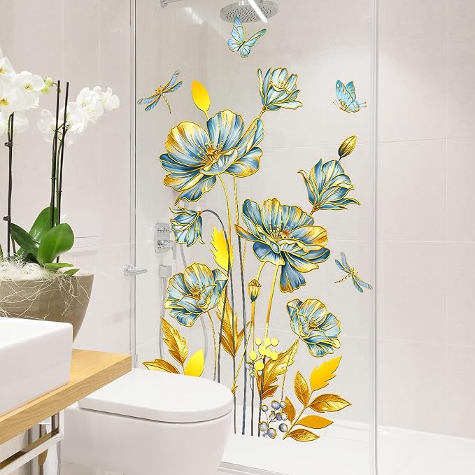 Blue and Gold Floral Wall Decals with Butterflies and Dragonflies, Large Flower Wall Stickers, 39.37x29.52 Inch, Bedroom Living Room Decor (Blue and Gold) - Image 2