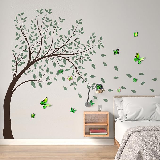 Large Green Tree Wall Decals 3D Green Butterfly Wall Stickers Peel and Stick Waterproof Wall Murals Decor for Living Room Bedroom Classroom (Green Butterfly, 11.8 * 35.4inch) - Image 3