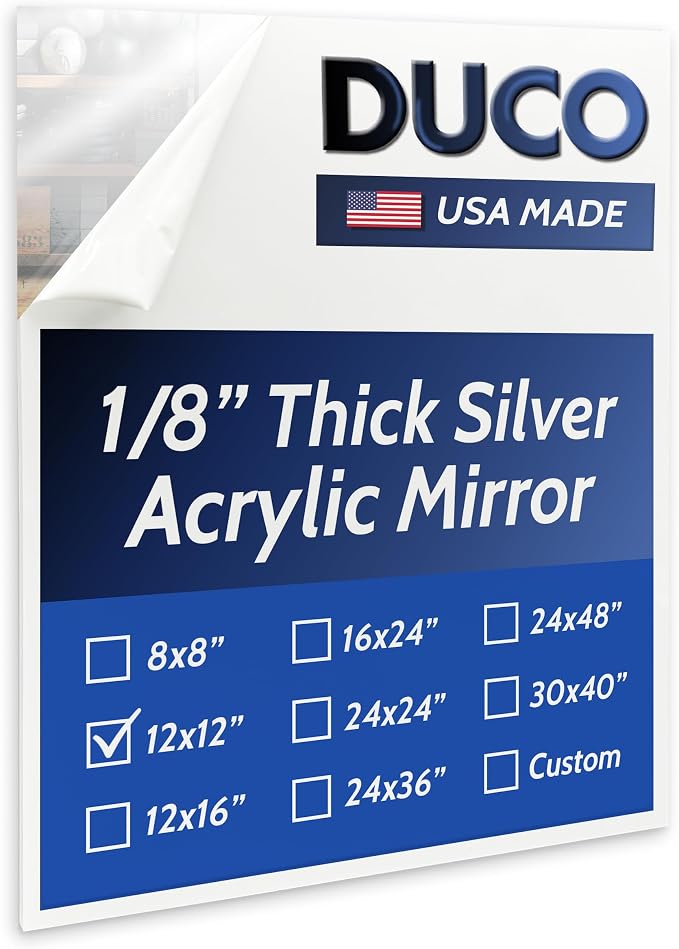 Duco USA-Made Acrylic Mirror Sheet 1/8 Inch Thick 12" x 12" (with Adhesives) - Pack of 1 Silver Frameless Plastic Mirror for Walls, Home Gyms, Bathrooms, & More - Shatter-Proof Mirrored Plexiglass by DucoPlasticsSupply