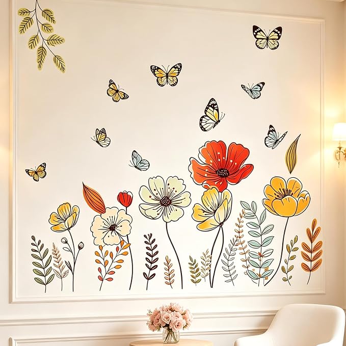 Boho Floral Flowers Wall Decals, Wildflower Butterfly Plants Wall Stickers | Rustic bohemia flowers leaves peel and stick wall decor, removable vinyl wall art mural decoration for bedroom living room - Image 4