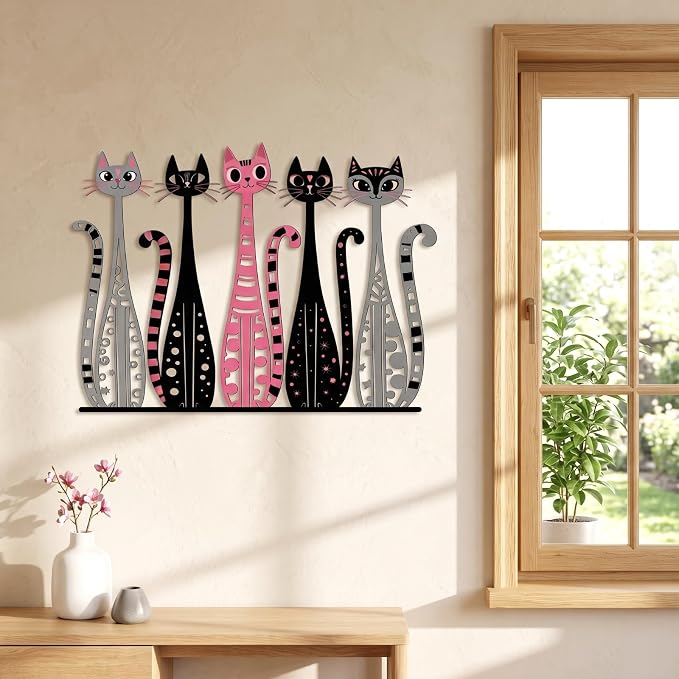 Wesiti Cat Wall Art Decor Metal Sculpture, 5 Retro Cats 10.4x14 Home Decor | Mid Century Geometric Design, Iron Sculptures for Cat Lovers, Living Room Bedroom Kitchen Office Accent Decor Piece by Unteilti