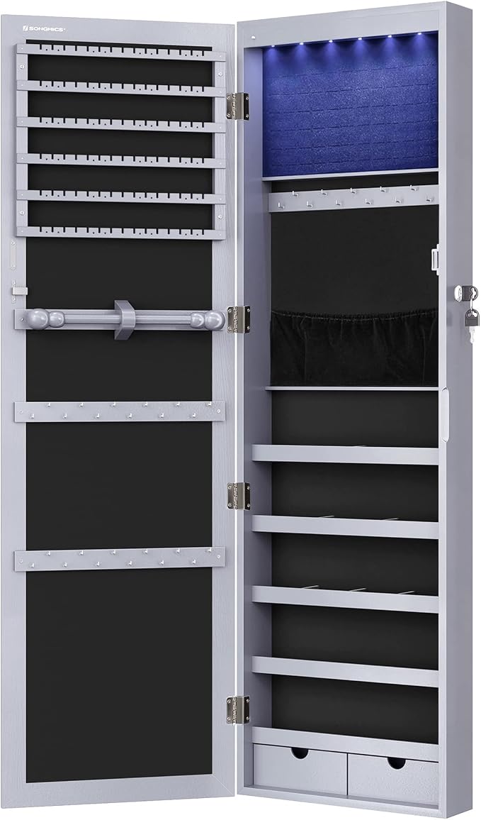 SONGMICS 6 LEDs Mirror Jewelry Cabinet, 47.2-Inch Tall, Lockable - Image 9