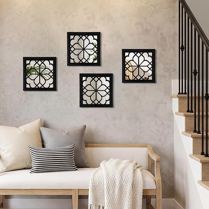 ZEXUIRU 4 Set Rustic Wall Mirrors for Bedroom Bathroom Living Room Entryway Wood Farmhouse Square Easy to Hang Framed Decorative Accent Hanging Wall-Mounted Mirror Set for Living Room - Black - Image 8