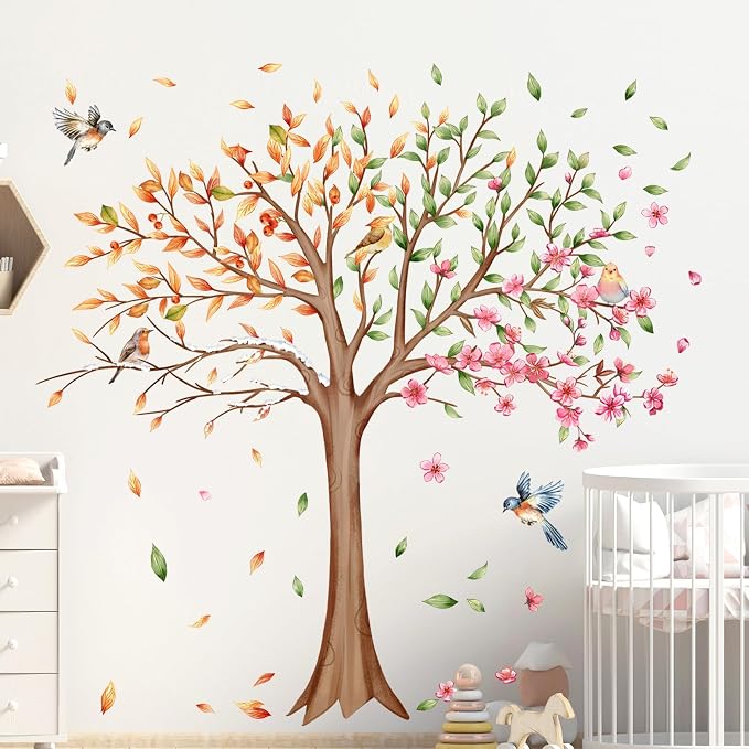 3 Sheets Large Tree Wall Decals Stickers Removable Floral Murals Peel and Stick Colorful Tree of Life Art Vinyl Living Room Decor with Flowers & Birds for Classroom Girls Bedroom Kids Nursery Office - Image 4
