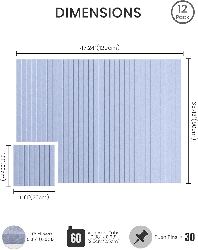 Bumusty 48"x 36" Large Felt Bulletin Board Tiles, Soft Periwinkle | 12-Pack Cork Board Alternative, Wall Decor, 30 Pushpins, 60 Adhesive Tabs, Vision Board, Office, Classroom, Home, Dorm - Image 2