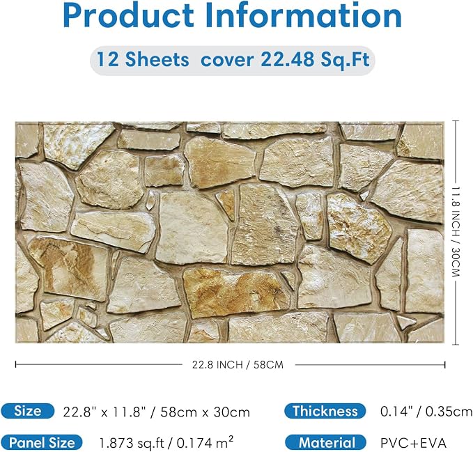 COMSTICKC 3D Faux Stone Wall Panels Peel and Stick Decorative Tiles | 12 Pcs 22.8" x 11.8", DIY UrltraLight PVC Fake Stone Wall Covering Stickers for Kitchen, Living Room, Covers 22.48 sq.ft - Image 5