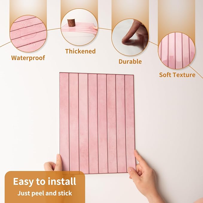 WOWSTAR 10-Sheet Thickened Pink Peel and Stick Backsplash for Kitchen, Back Splashes Stick on Tile, Waterproof Wall Tiles - Image 6