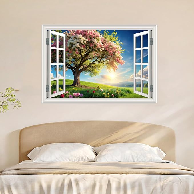 Fake Window Wall Mural Green Flowers Tree Art Poster Faux Window Wall Sticker for Office Home Room Decor, Peel and Stick Wall Decals 48" x 32" Set of 2 Sheets - Image 8