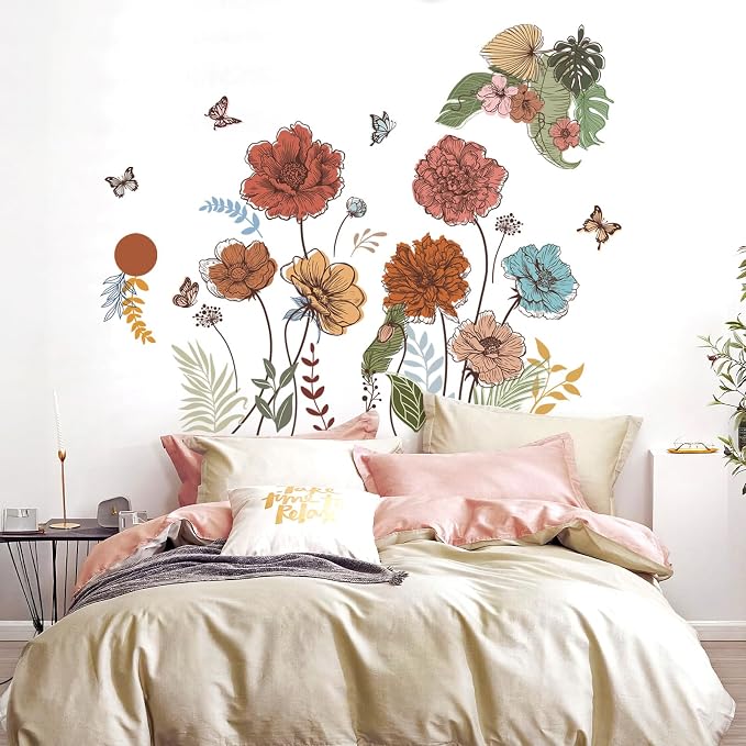 Large Boho Flower Wall Decals Floral Leaves Grass Butterfly Wall Stickers Removable Wall Art Decor for Living Room Bedroom - Image 4