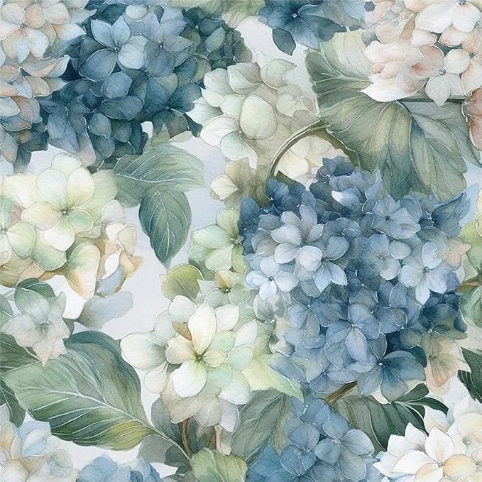Vintage Watercolor Blue/White/Green Hydrangea Floral Peel and Stick Wallpaper Wall Decor Self Adhesive Wall Paper Stick on Easy Peel Off Contact for Renter Apartment by VistaPalette