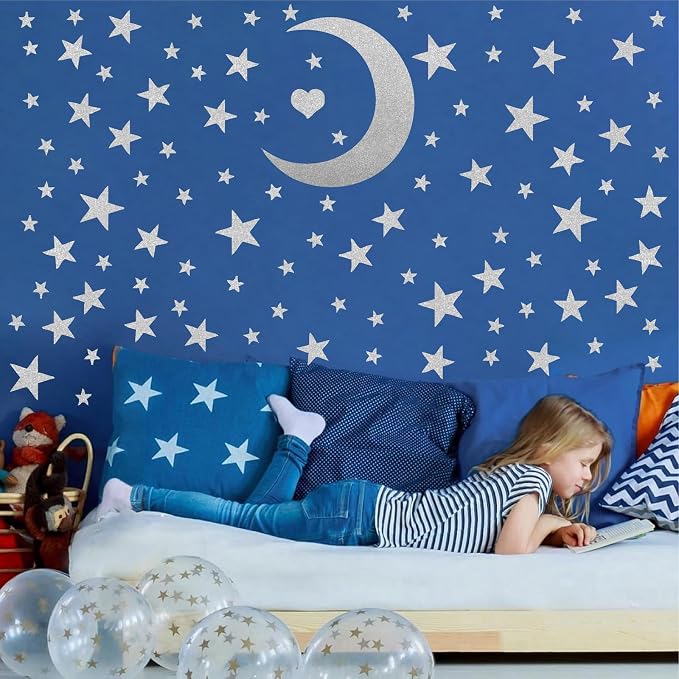 Star Wall Decals Silver Stars Moon Stickers Peel and Stick Celestial Decor | Star and moon decor, sparkle decal for walls, wall sticker, removable vinyl art mural, peel and stick, for kids baby bedroom - Image 6