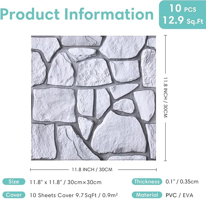 Commomy Faux Stone Peel and Stick 3D Wall Panels 10 Pcs 11.8" x 11.8" | Ultralight Thin PVC Printable Faux Rock Wall Covering Decorative Tiles for Living Room,Fireplace(Covers 9.7 sq.ft) - Image 7