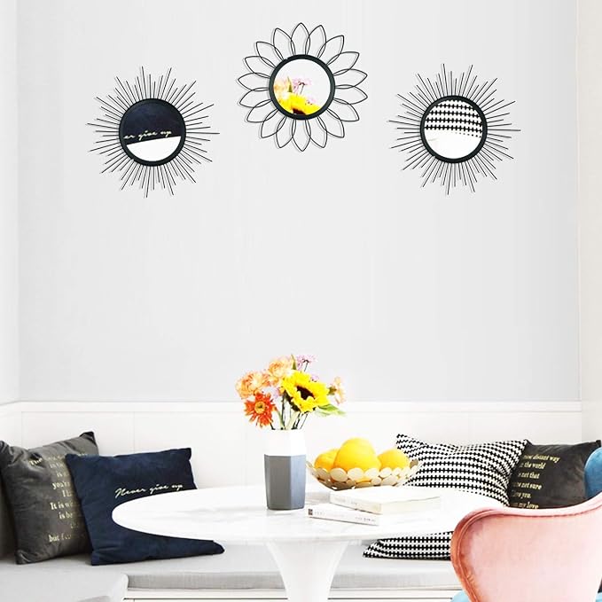 3 Pack Metal Mirrors for Wall Sunburst Wall Mirrors Home Décor Decorative Hanging Wall Art for Living Room Bedroom Entryway (Black, Flower+Sunburst) - Image 2