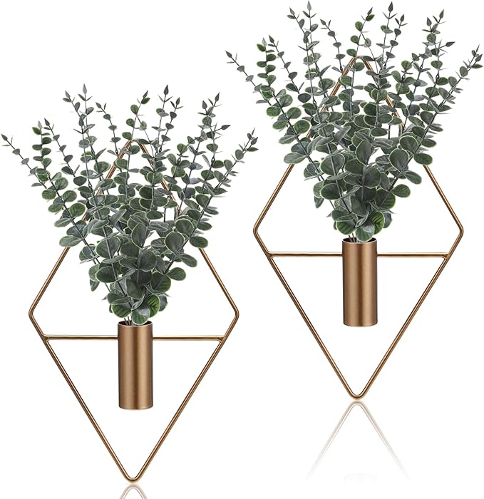 Jexine 4 Pcs Hanging Artificial Planters Wall Decor, Antique, Eucalyptus | Bathroom Wall Decor, Geometric Metal Vase, Indoor Plants, Living Room, Home Office, Entryway, Boho Accent, Wall Mounted by Jexine