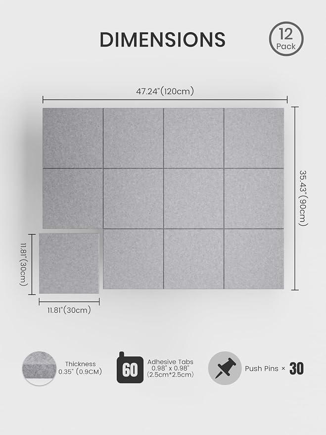 Bumusty 48"x 36" Large Felt Bulletin Board Tiles, Soft Gray | 12-Pack Cork Board Alternative, Wall Decor, 30 Pushpins, 60 Adhesive Tabs, Vision Board, Office, Classroom, Home, Dorm - Image 2