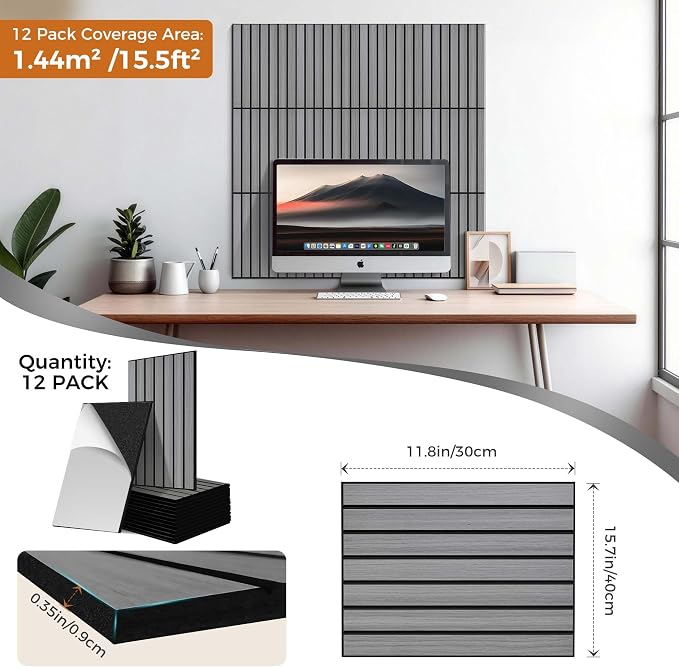 TO-TH 12Pack Acoustic Panels Peel and Stick Soundproof Wall Panel, Gray Oak | Self-Adhesive Wall Panels, PVC Wood Grain Finish, 100% Polyester Fiber, Reduce Echo&Noise for Home Office, Studio, Bedroom - Image 6