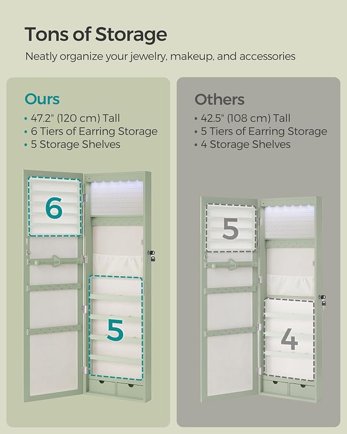 SONGMICS 6 LEDs Mirror Jewelry Cabinet, 47.2-Inch Tall, Lockable - Image 6