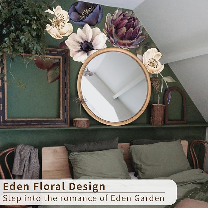 Peel and Stick Floral Wall Decals DIY for Bedroom Living Room | Large Dark Moody 8 Flowers Fabric Wall Stickers, Self-Adhesive Freestyle Layout, Largest 15.35"x28.35" Peony Rose - Image 2