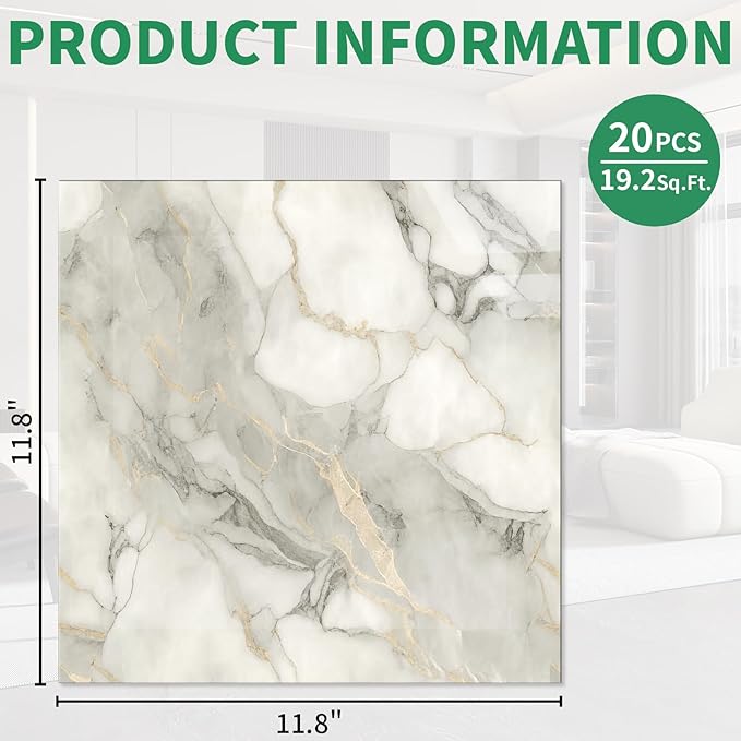 20pcs Marble Peel and Stick Backsplash Wall Tiles, Waterproof Shower Wall Panels, 11.8"x11.8" Peel and Stick Tile for Home Bathroom, Kitchen, Washroom, Living Room, White and Gold (Not Real Tile) - Image 2