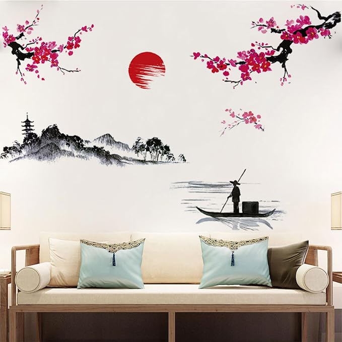 Japanese Wall Decor Stickers Wall Decals, Red Cherry Blossom | Splash Ink Landscape Painting, Mountain River Fisherman Mural, Removable Peel and Stick, For Bedroom Living Room TV Nursery - Image 3